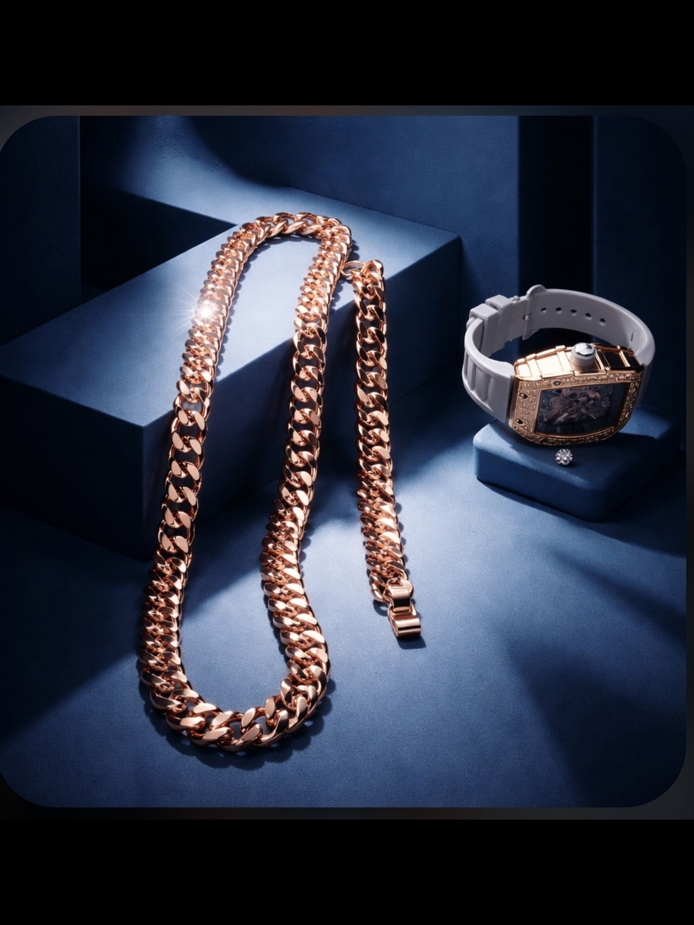 Men's Rose Gold Filled Chain Necklace & Bracelet - 42mm Watch and 7mm Earring